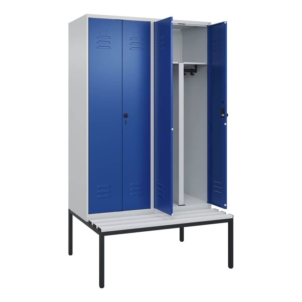 Illustration du produit: C+P PSA Doppel-Spind Classic PLUS, 4 Abteile, HxBxT 2.120 x 1.200 x 815 mm, für Vorhängeschloss, untergebaute Bank aus Kunststoff, lichtgrau, enzianblau