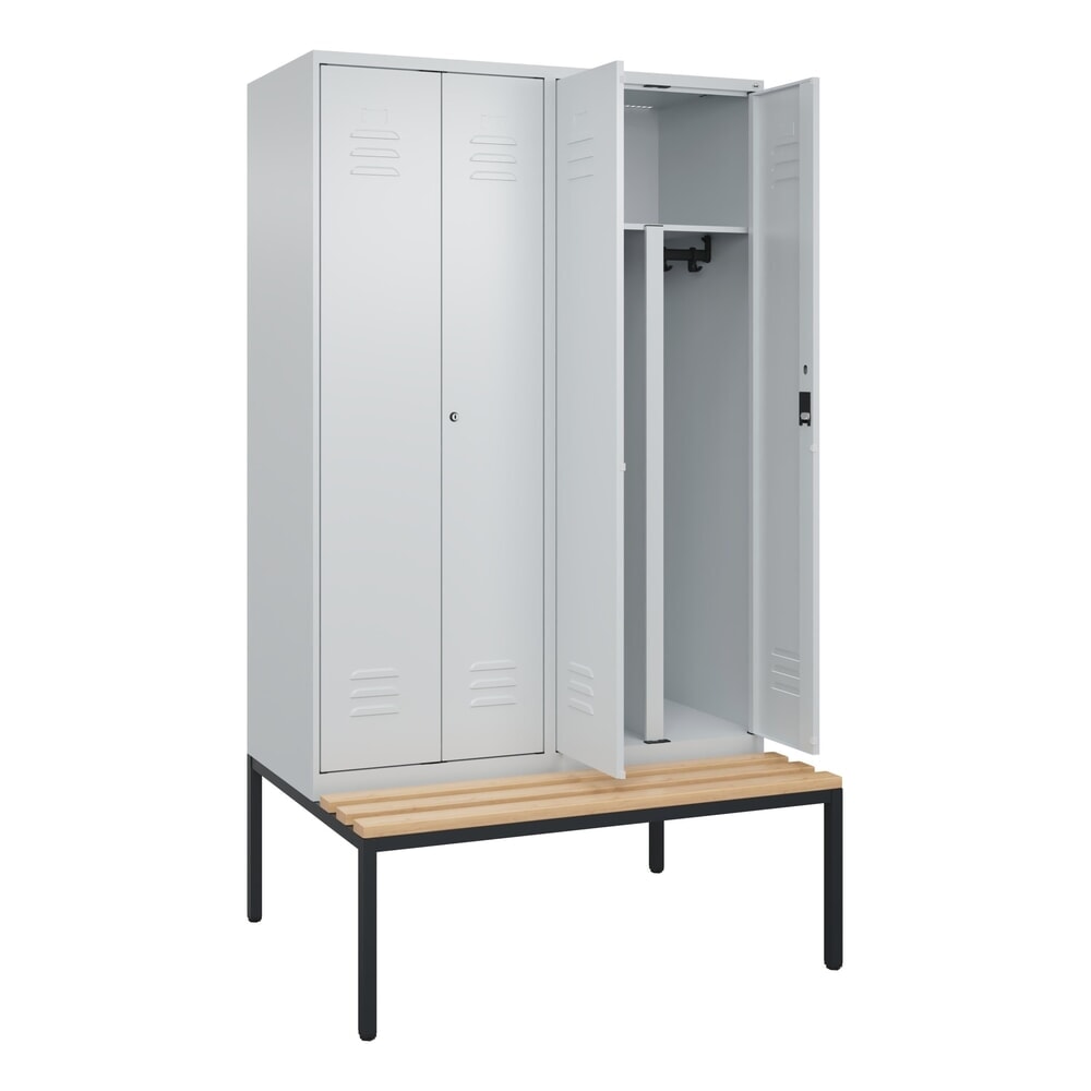 Illustration du produit: C+P PSA Doppel-Spind Classic PLUS, 4 Abteile, HxBxT 2.120 x 1.200 x 815 mm, Zylinderschloss, untergebaute Bank aus Buche, lichtgrau, lichtgrau