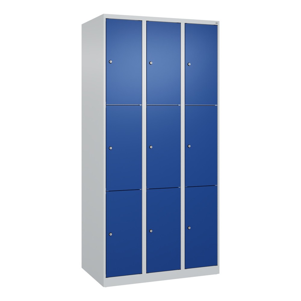 Produktabbildung: C+P Schliessfachschrank Classic PLUS, 3 Abteile, HxBxT 1.850 x 900 x 500 mm, lichtgrau, enzianblau, 9 Fächer, Zylinderschloss