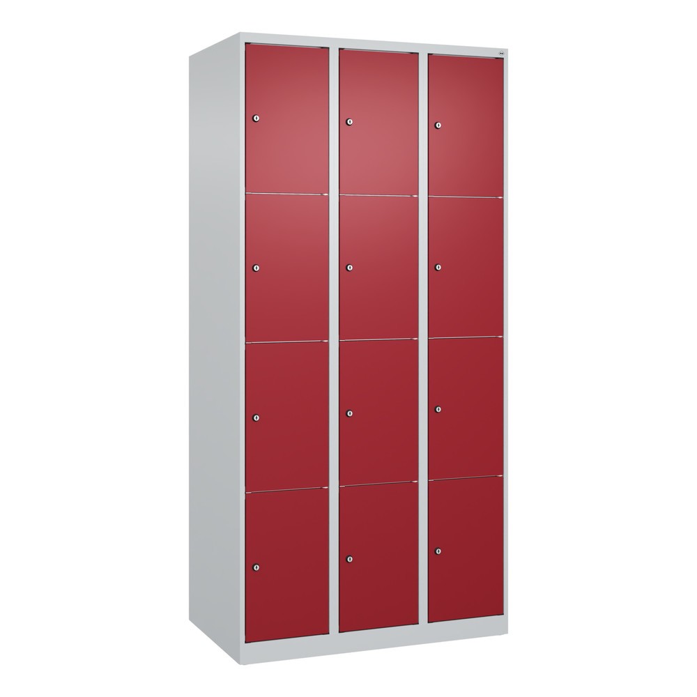 Produktabbildung: C+P Schliessfachschrank Classic PLUS, 3 Abteile, HxBxT 1.850 x 900 x 500 mm, lichtgrau, rubinrot, 12 Fächer, Zylinderschloss