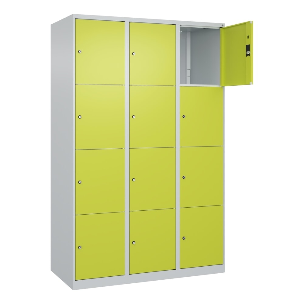 N° de l'image du produit 1 : C+P Schließfachschrank Classic PLUS, 3 Abteile, HxBxT 1.850 x 1.200 x 500 mm, lichtgrau, clowngrün, 12 Fächer, Zylinderschloss