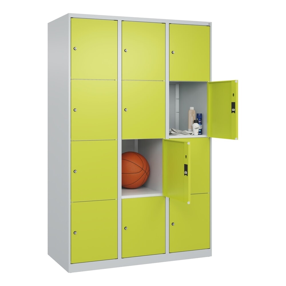 N° de l'image du produit 10 : C+P Schließfachschrank Classic PLUS, 3 Abteile, HxBxT 1.850 x 1.200 x 500 mm, lichtgrau, clowngrün, 12 Fächer, Zylinderschloss