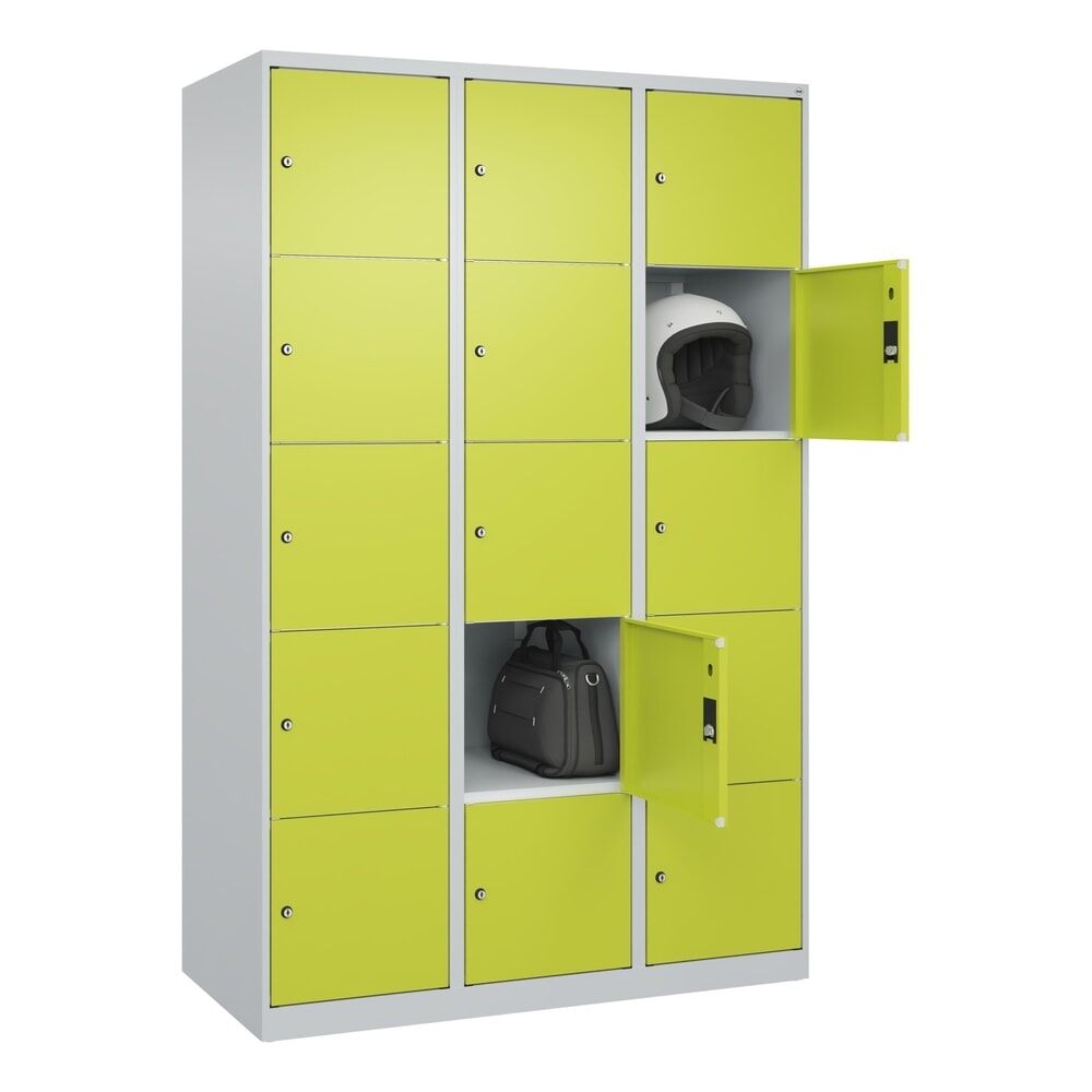 N° de l'image du produit 10 : C+P Schließfachschrank Classic PLUS, 3 Abteile, HxBxT 1.850 x 1.200 x 500 mm, lichtgrau, clowngrün, 15 Fächer, Zylinderschloss
