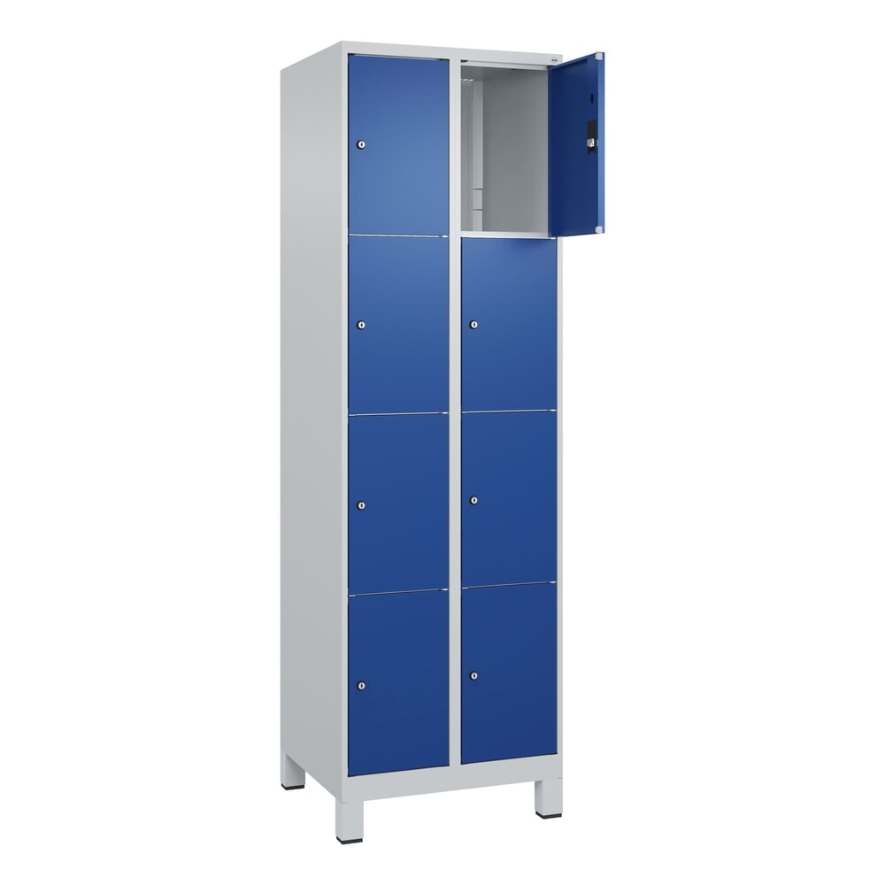 Illustration du produit: C+P Schließfachschrank Classic PLUS, Füße, 2 Abteile, HxBxT 1.950 x 600 x 500 mm, lichtgrau, enzianblau, 8 Fächer, Zylinderschloss