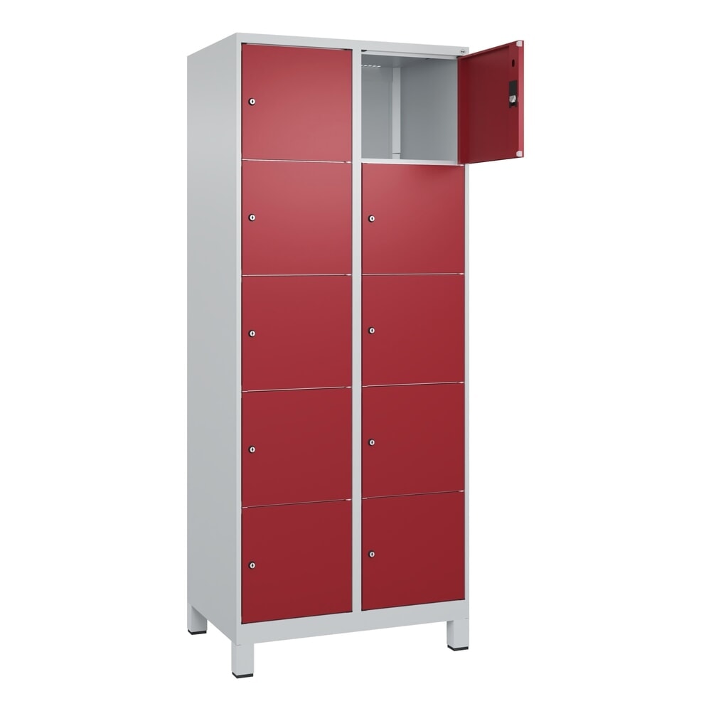 Illustration du produit: C+P Schließfachschrank Classic PLUS, Füße, 2 Abteile, HxBxT 1.950 x 800 x 500 mm, lichtgrau, rubinrot, 10 Fächer, Zylinderschloss