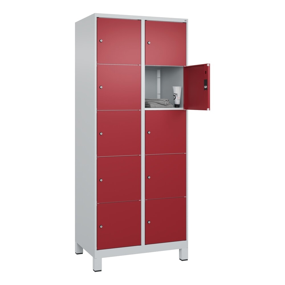 N° de l'image du produit 10 : C+P Schließfachschrank Classic PLUS, Füße, 2 Abteile, HxBxT 1.950 x 800 x 500 mm, lichtgrau, rubinrot, 10 Fächer, Zylinderschloss