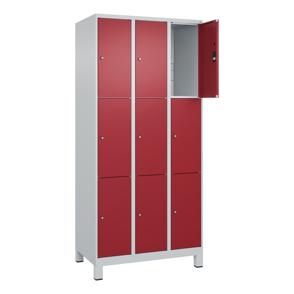N° de l'image du produit 1 : C+P Schließfachschrank Classic PLUS, Füße, 3 Abteile, HxBxT 1.950 x 900 x 500 mm, lichtgrau, rubinrot, 9 Fächer, Zylinderschloss