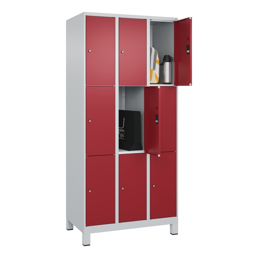 N° de l'image du produit 9 : C+P Schließfachschrank Classic PLUS, Füße, 3 Abteile, HxBxT 1.950 x 900 x 500 mm, lichtgrau, rubinrot, 9 Fächer, Zylinderschloss
