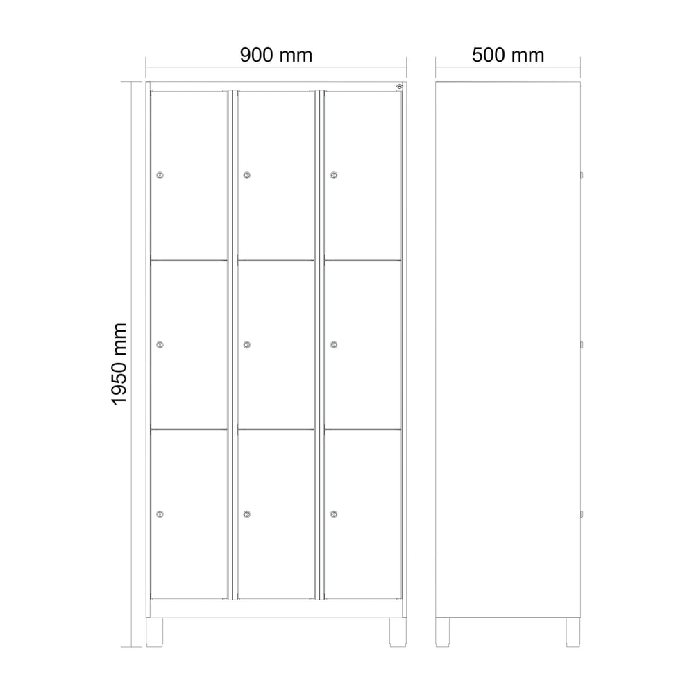 Produktabbildung Nr. 8: C+P Schliessfachschrank Classic PLUS, Füsse, 3 Abteile, HxBxT 1.950 x 900 x 500 mm, lichtgrau, clowngrün, 9 Fächer, Zylinderschloss