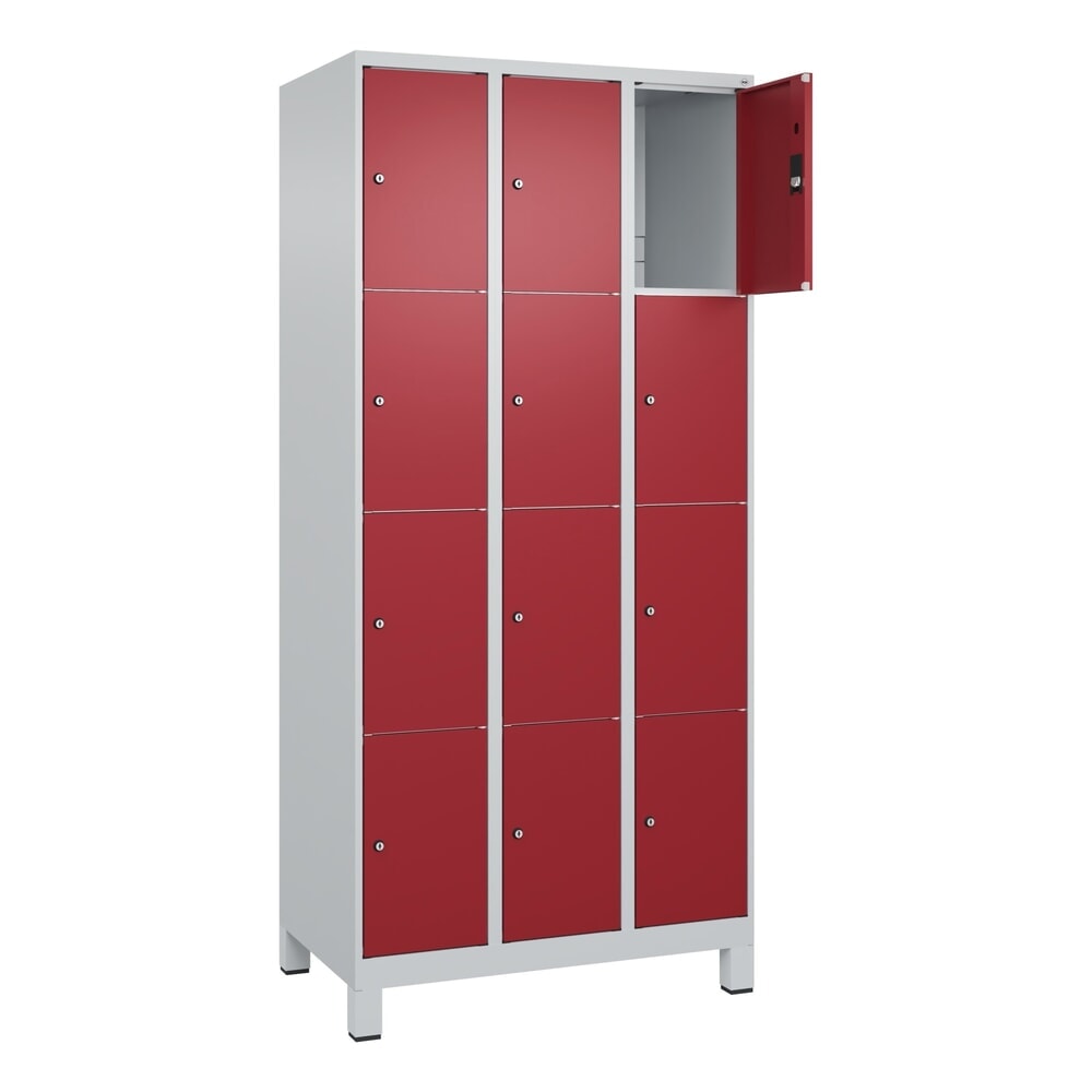 Produktabbildung: C+P Schliessfachschrank Classic PLUS, Füsse, 3 Abteile, HxBxT 1.950 x 900 x 500 mm, lichtgrau, rubinrot, 12 Fächer, Zylinderschloss