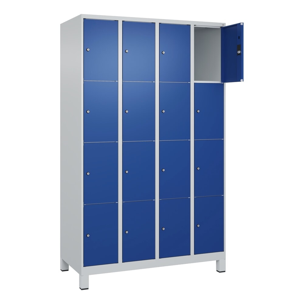 N° de l'image du produit 1 : C+P Schließfachschrank Classic PLUS, Füße, 4 Abteile, HxBxT 1.950 x 1.200 x 500 mm, lichtgrau, enzianblau, 16 Fächer, Zylinderschloss
