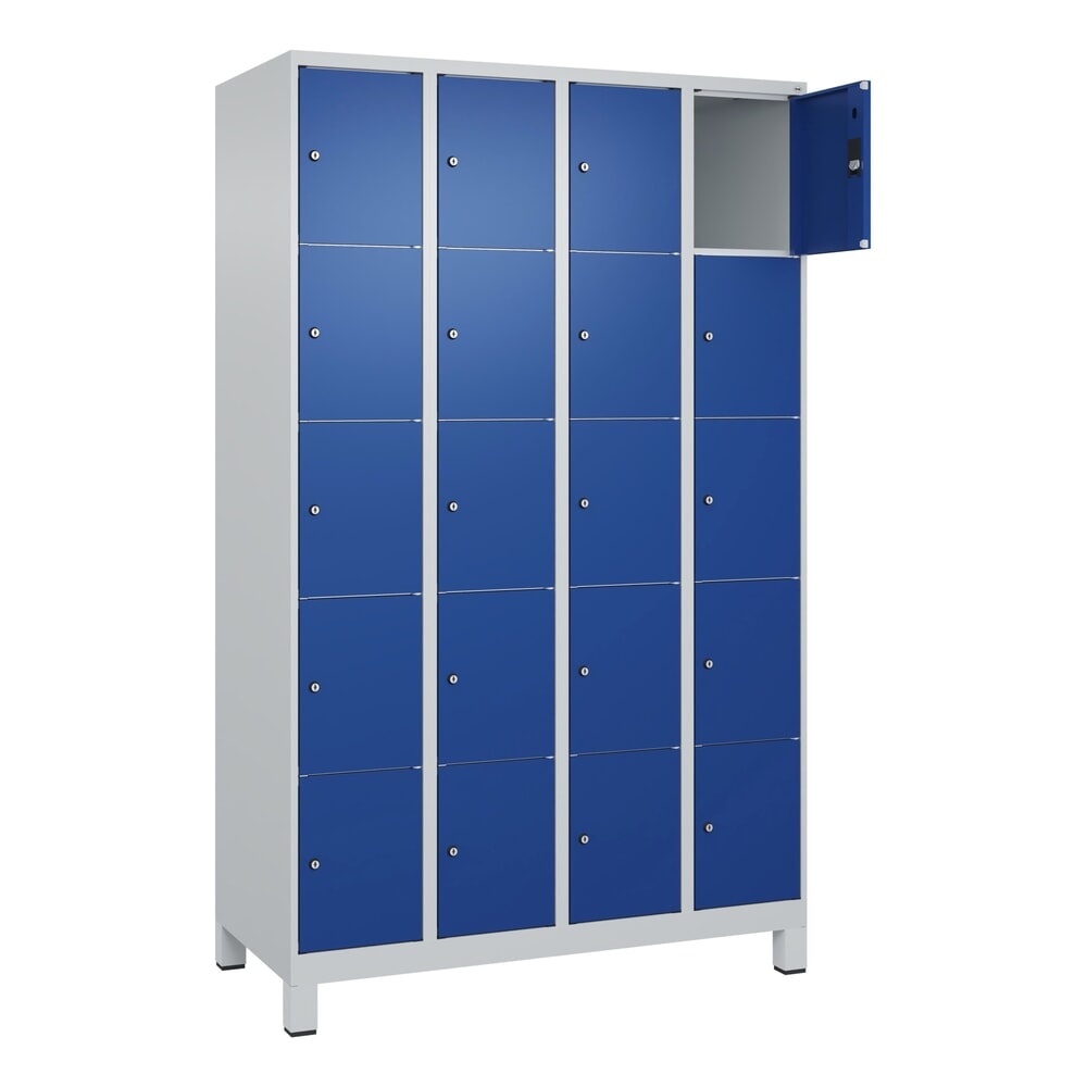 Illustration du produit: C+P Schließfachschrank Classic PLUS, Füße, 4 Abteile, HxBxT 1.950 x 1.200 x 500 mm, lichtgrau, enzianblau, 20 Fächer, Zylinderschloss