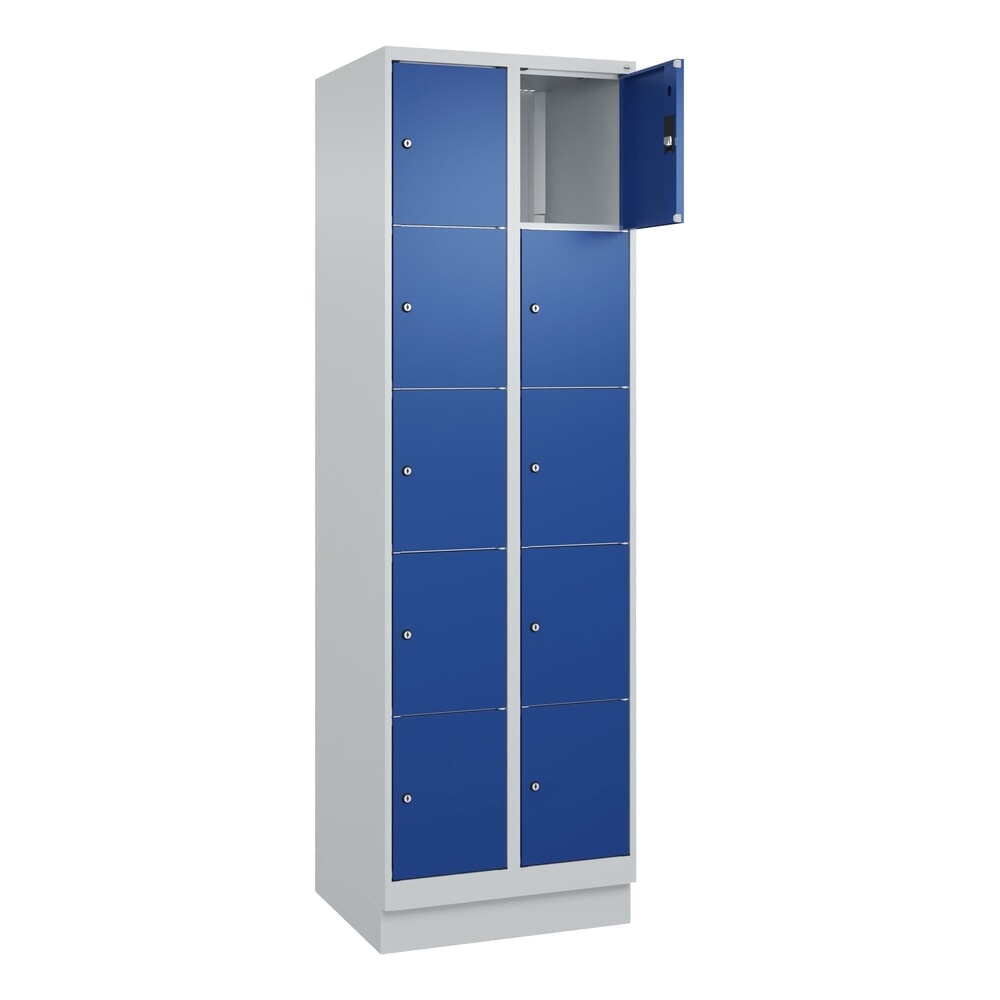 Illustration du produit: C+P Schließfachschrank Classic PLUS, Sockel, 2 Abteile, HxBxT 1.950 x 600 x 500 mm, lichtgrau, enzianblau, 10 Fächer, Zylinderschloss