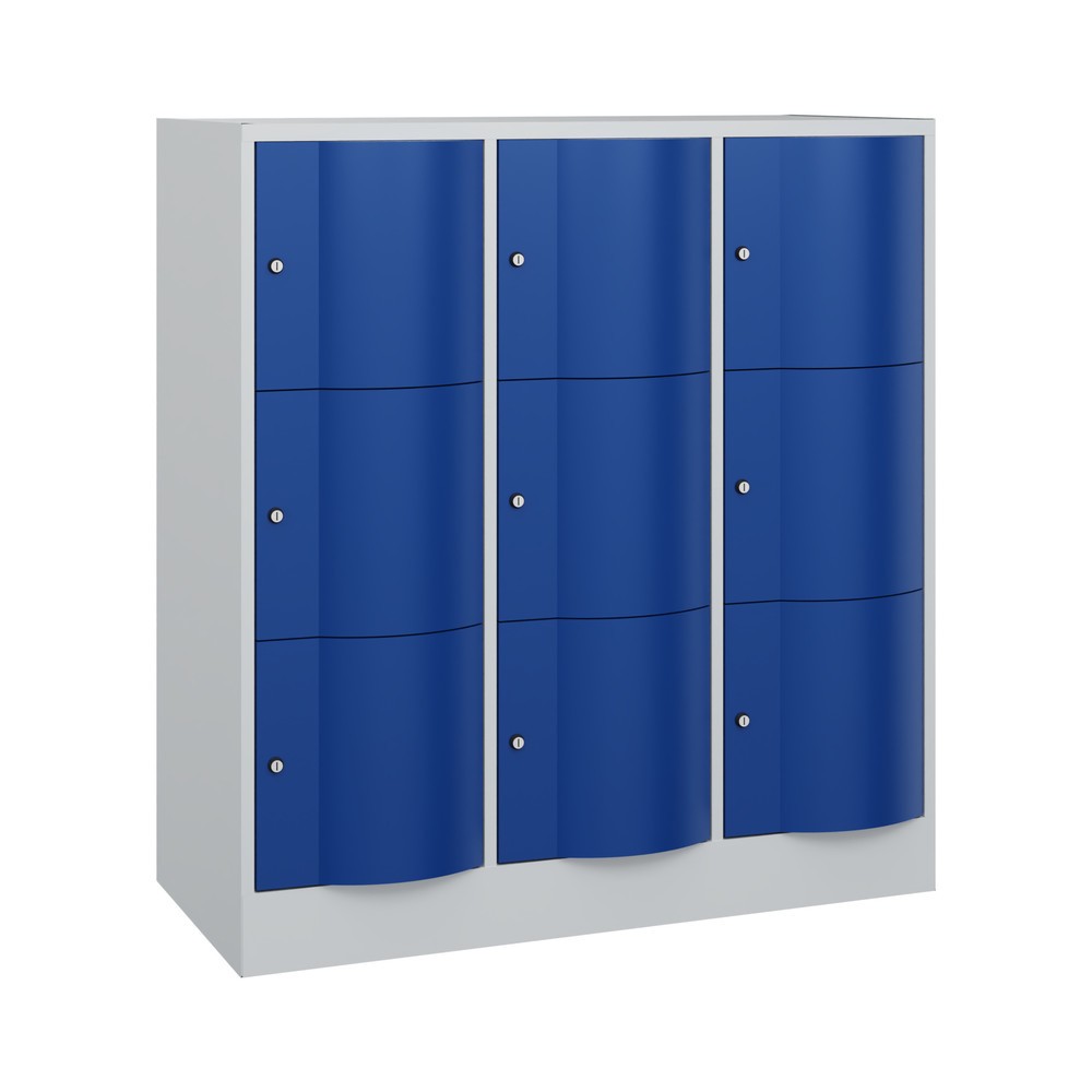 Produktabbildung Nr. 1: C+P Schliessfachschrank mit "rabaukensicheren" Türen, 3 x 3 Fächer, HxBxT 1.225 x 1.150 x 540 mm, lichtgrau, enzianblau