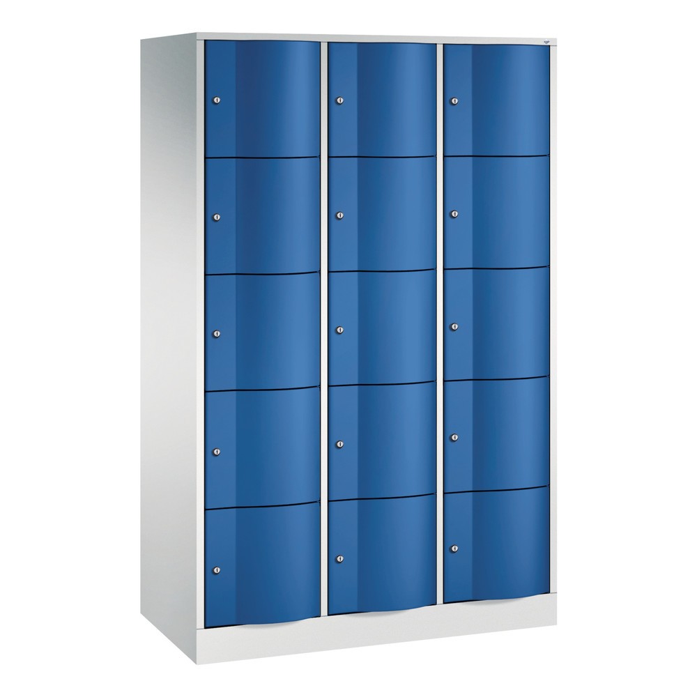 Produktabbildung: C+P Schliessfachschrank mit 'rabaukensicheren' Türen, 3 x 5 Fächer, HxBxT 1.950 x 1.150 x 540 mm, lichtgrau, enzianblau
