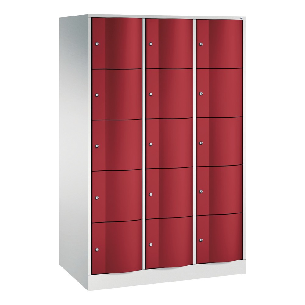 Produktabbildung: C+P Schliessfachschrank mit 'rabaukensicheren' Türen, 3 x 5 Fächer, HxBxT 1.950 x 1.150 x 640 mm, lichtgrau, rubinrot