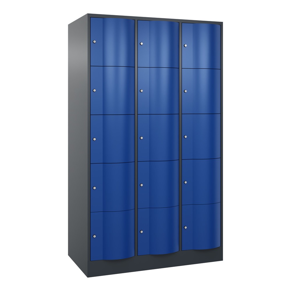 Produktabbildung: C+P Schliessfachschrank mit 'rabaukensicheren' Türen, 3 x 5 Fächer, HxBxT 1.950 x 1.150 x 640 mm, anthrazitgrau, enzianblau