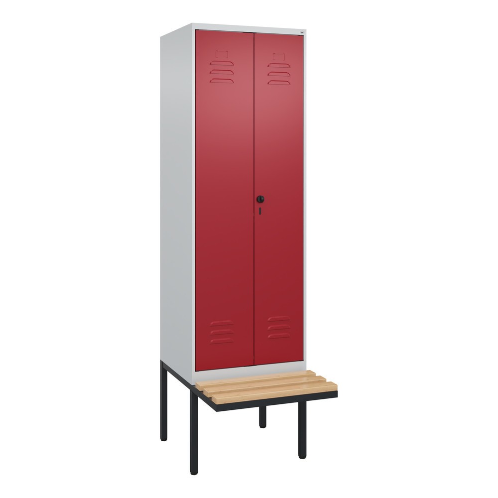 Produktabbildung: C+P Schwarz-Weiss-Spind Classic PLUS, 2 Abteile, HxBxT 2.120 x 600 x 815 mm, für Vorhängeschloss, auskragende Bank aus Buche, lichtgrau, rubinrot