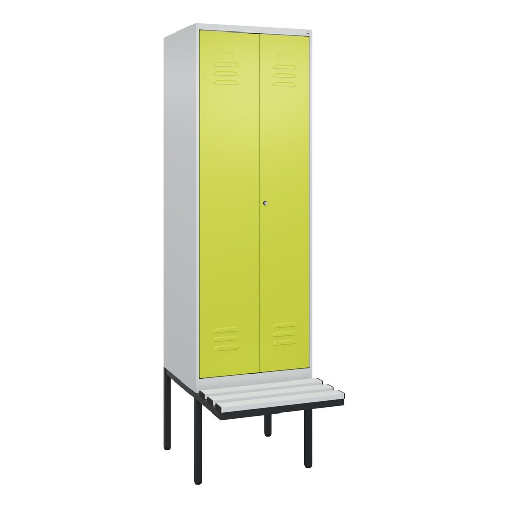 Illustration du produit: C+P Schwarz-Weiß-Spind Classic PLUS, 2 Abteile, HxBxT 2.120 x 600 x 815 mm, Zylinderschloss, auskragende Bank aus Kunststoff, lichtgrau, clowngrün