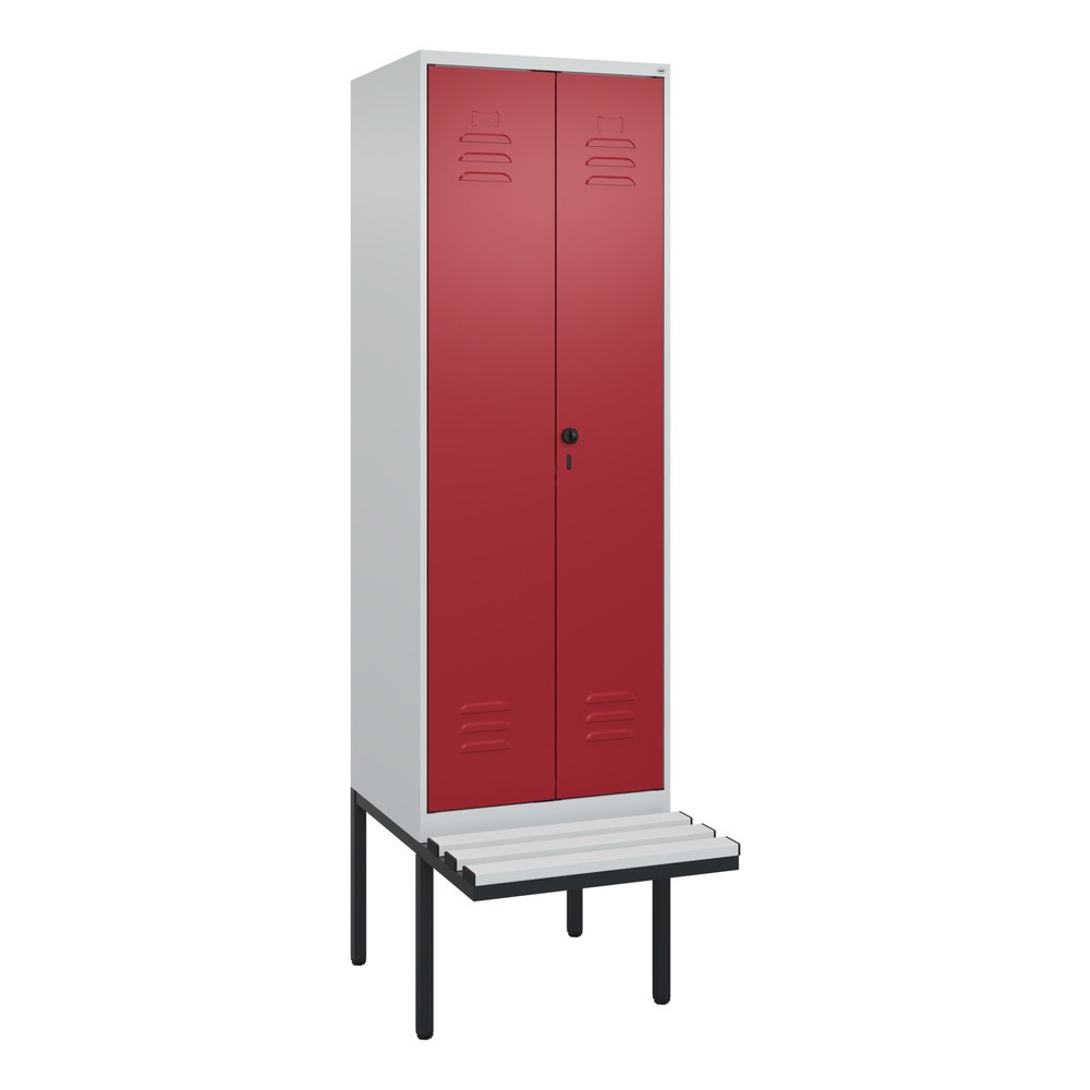Produktabbildung: C+P Schwarz-Weiss-Spind Classic PLUS, 2 Abteile, HxBxT 2.120 x 600 x 815 mm, für Vorhängeschloss, auskragende Bank aus Kunststoff, lichtgrau, rubinrot