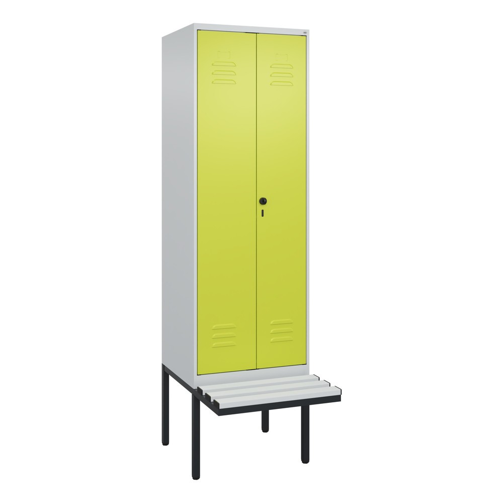 Produktabbildung: C+P Schwarz-Weiss-Spind Classic PLUS, 2 Abteile, HxBxT 2.120 x 600 x 815 mm, für Vorhängeschloss, auskragende Bank aus Kunststoff, lichtgrau, clowngrün