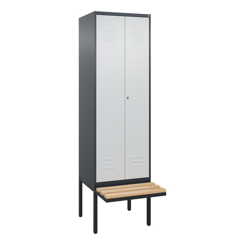 Produktabbildung: C+P Schwarz-Weiss-Spind Classic PLUS, 2 Abteile, HxBxT 2.120 x 600 x 815 mm, Zylinderschloss, auskragende Bank aus Buche, anthrazitgrau, lichtgrau