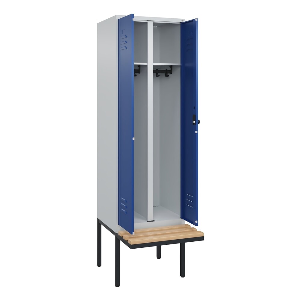Illustration du produit: C+P Schwarz-Weiß-Spind Classic PLUS, 2 Abteile, HxBxT 2.120 x 600 x 815 mm, für Vorhängeschloss, auskragende Bank aus Buche, lichtgrau, enzianblau