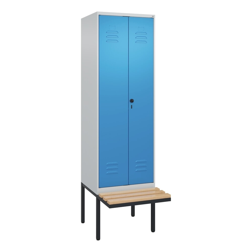 N° de l'image du produit 9 : C+P Schwarz-Weiß-Spind Classic PLUS, 2 Abteile, HxBxT 2.120 x 600 x 815 mm, für Vorhängeschloss, auskragende Bank aus Buche, lichtgrau, lichtblau
