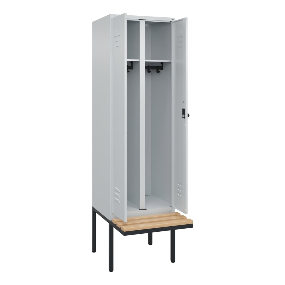 Illustration du produit: C+P Schwarz-Weiß-Spind Classic PLUS, 2 Abteile, HxBxT 2.120 x 600 x 815 mm, für Vorhängeschloss, auskragende Bank aus Buche, lichtgrau, lichtgrau
