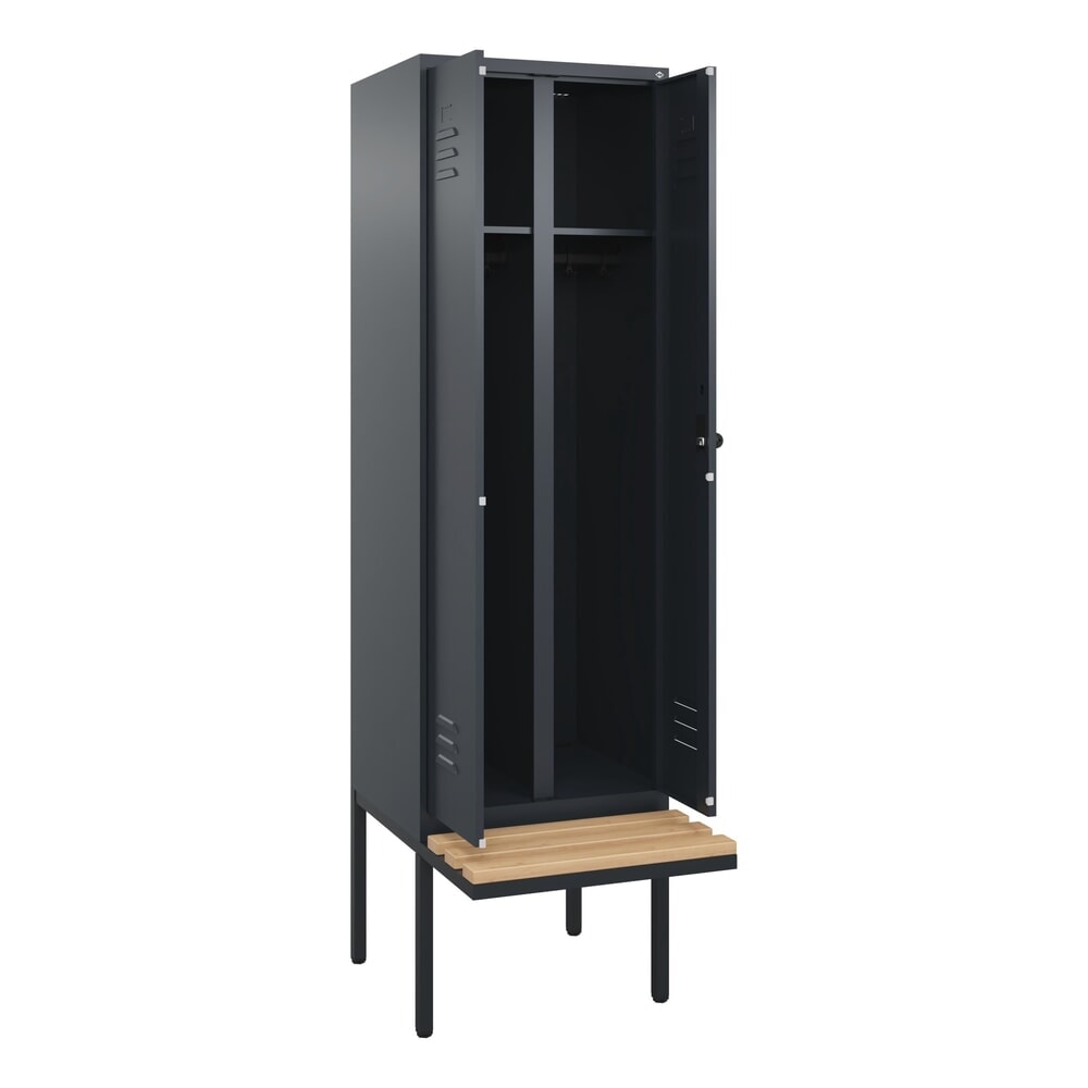 Produktabbildung: C+P Schwarz-Weiss-Spind Classic PLUS, 2 Abteile, HxBxT 2.120 x 600 x 815 mm, für Vorhängeschloss, auskragende Bank aus Buche, anthrazitgrau, anthrazitgrau