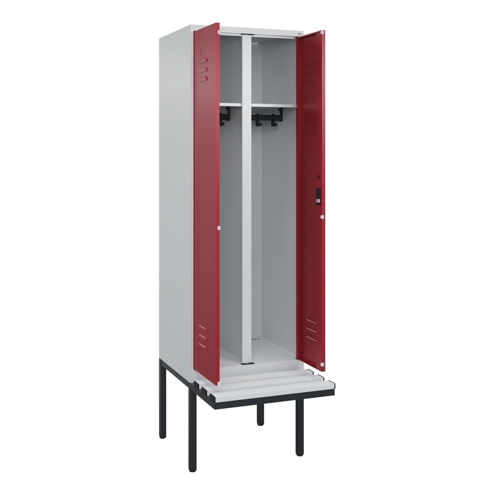 Illustration du produit: C+P Schwarz-Weiß-Spind Classic PLUS, 2 Abteile, HxBxT 2.120 x 600 x 815 mm, Zylinderschloss, auskragende Bank aus Kunststoff, lichtgrau, rubinrot