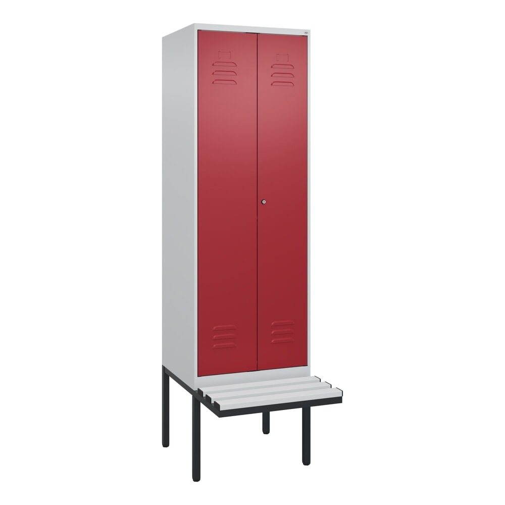 N° de l'image du produit 9 : C+P Schwarz-Weiß-Spind Classic PLUS, 2 Abteile, HxBxT 2.120 x 600 x 815 mm, Zylinderschloss, auskragende Bank aus Kunststoff, lichtgrau, rubinrot