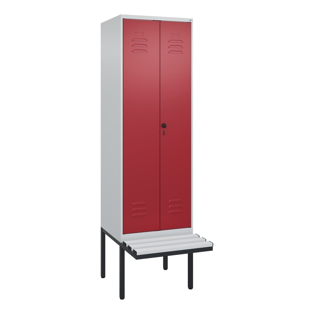 N° de l'image du produit 9 : C+P Schwarz-Weiß-Spind Classic PLUS, 2 Abteile, HxBxT 2.120 x 600 x 815 mm, für Vorhängeschloss, auskragende Bank aus Kunststoff, lichtgrau, rubinrot