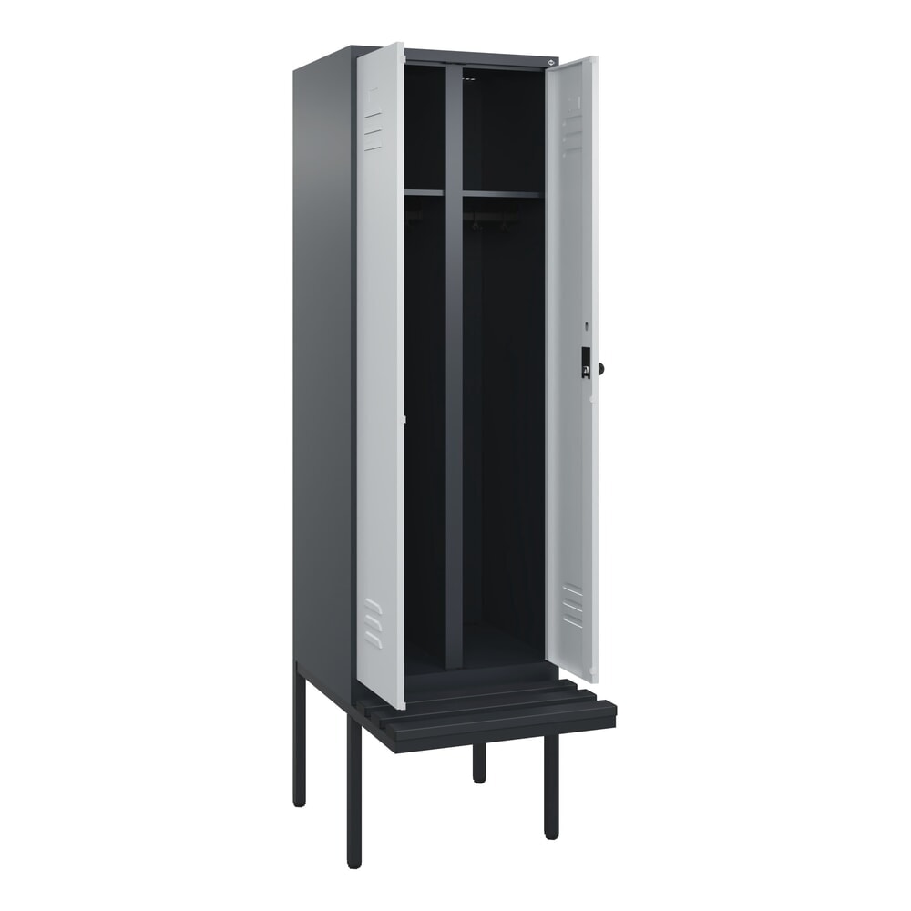 Illustration du produit: C+P Schwarz-Weiß-Spind Classic PLUS, 2 Abteile, HxBxT 2.120 x 600 x 815 mm, für Vorhängeschloss, auskragende Bank aus Kunststoff, anthrazitgrau, lichtgrau