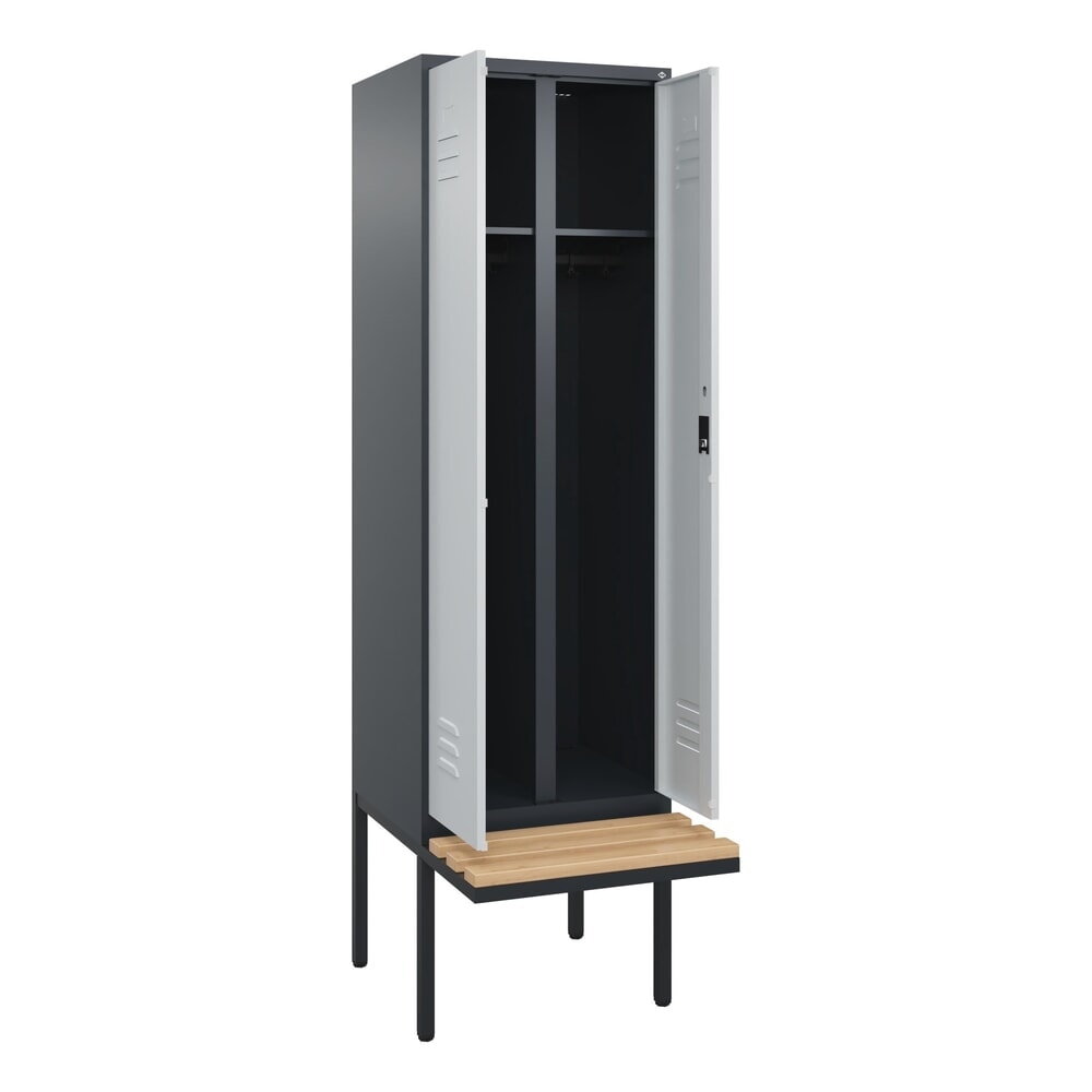 Produktabbildung: C+P Schwarz-Weiss-Spind Classic PLUS, 2 Abteile, HxBxT 2.120 x 600 x 815 mm, Zylinderschloss, auskragende Bank aus Buche, anthrazitgrau, lichtgrau