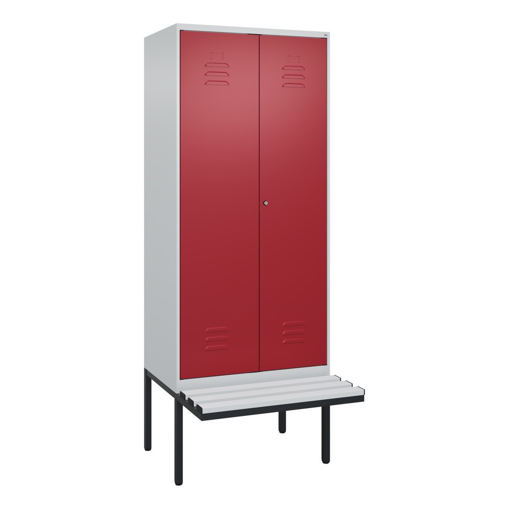 Illustration du produit: C+P Schwarz-Weiß-Spind Classic PLUS, 2 Abteile, HxBxT 2.120 x 800 x 815 mm, Zylinderschloss, auskragende Bank aus Kunststoff, lichtgrau, rubinrot