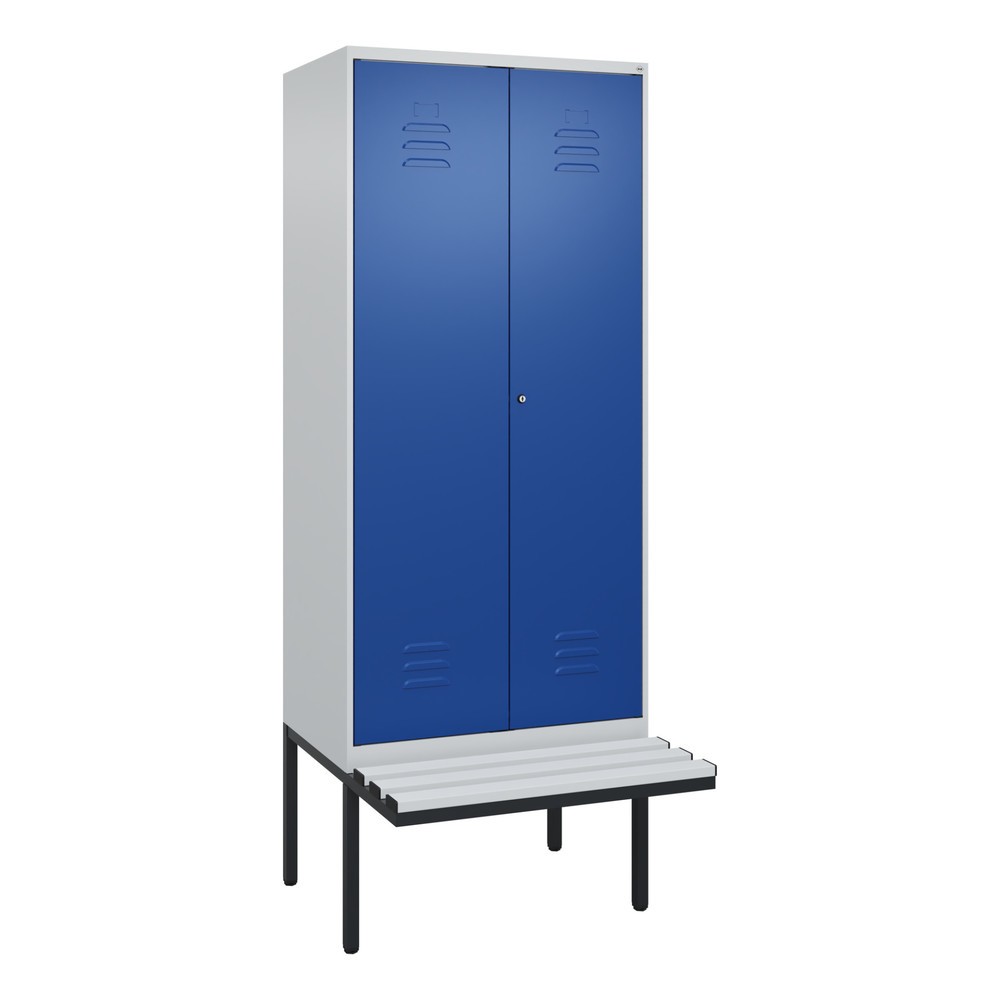 Illustration du produit: C+P Schwarz-Weiß-Spind Classic PLUS, 2 Abteile, HxBxT 2.120 x 800 x 815 mm, Zylinderschloss, auskragende Bank aus Kunststoff, lichtgrau, enzianblau