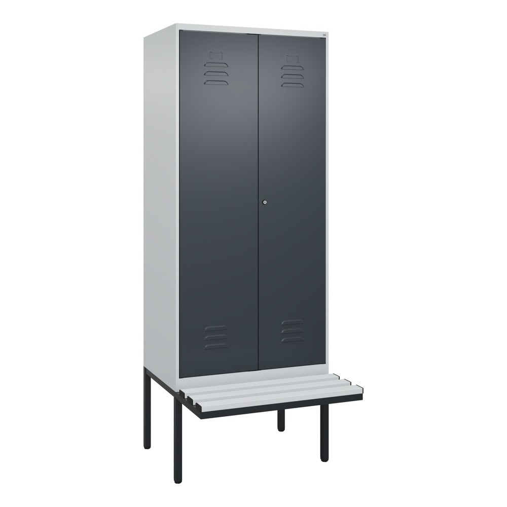 Illustration du produit: C+P Schwarz-Weiß-Spind Classic PLUS, 2 Abteile, HxBxT 2.120 x 800 x 815 mm, Zylinderschloss, auskragende Bank aus Kunststoff, lichtgrau, anthrazitgrau