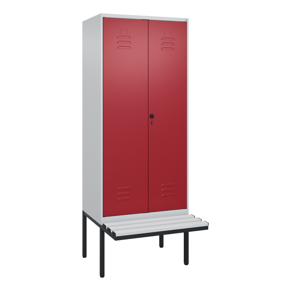 Illustration du produit: C+P Schwarz-Weiß-Spind Classic PLUS, 2 Abteile, HxBxT 2.120 x 800 x 815 mm, für Vorhängeschloss, auskragende Bank aus Kunststoff, lichtgrau, rubinrot