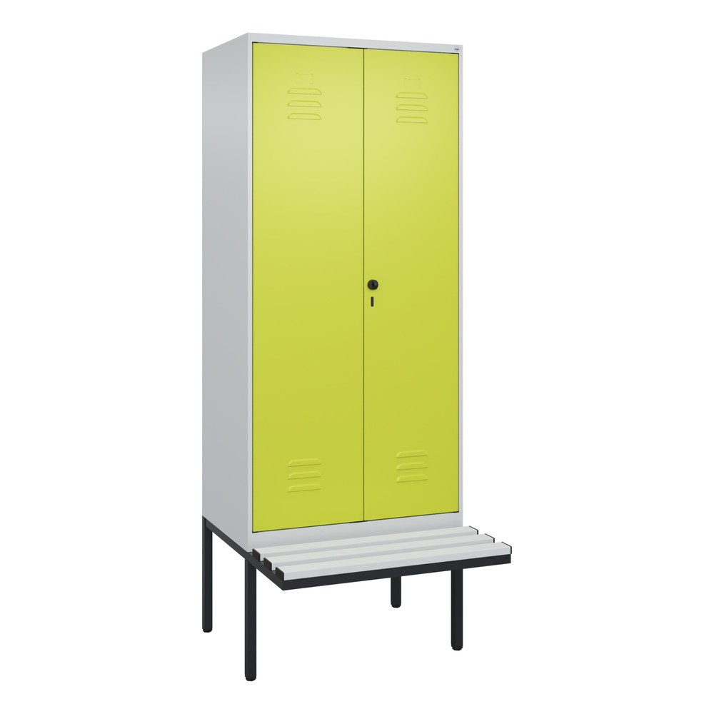 Produktabbildung: C+P Schwarz-Weiss-Spind Classic PLUS, 2 Abteile, HxBxT 2.120 x 800 x 815 mm, für Vorhängeschloss, auskragende Bank aus Kunststoff, lichtgrau, clowngrün