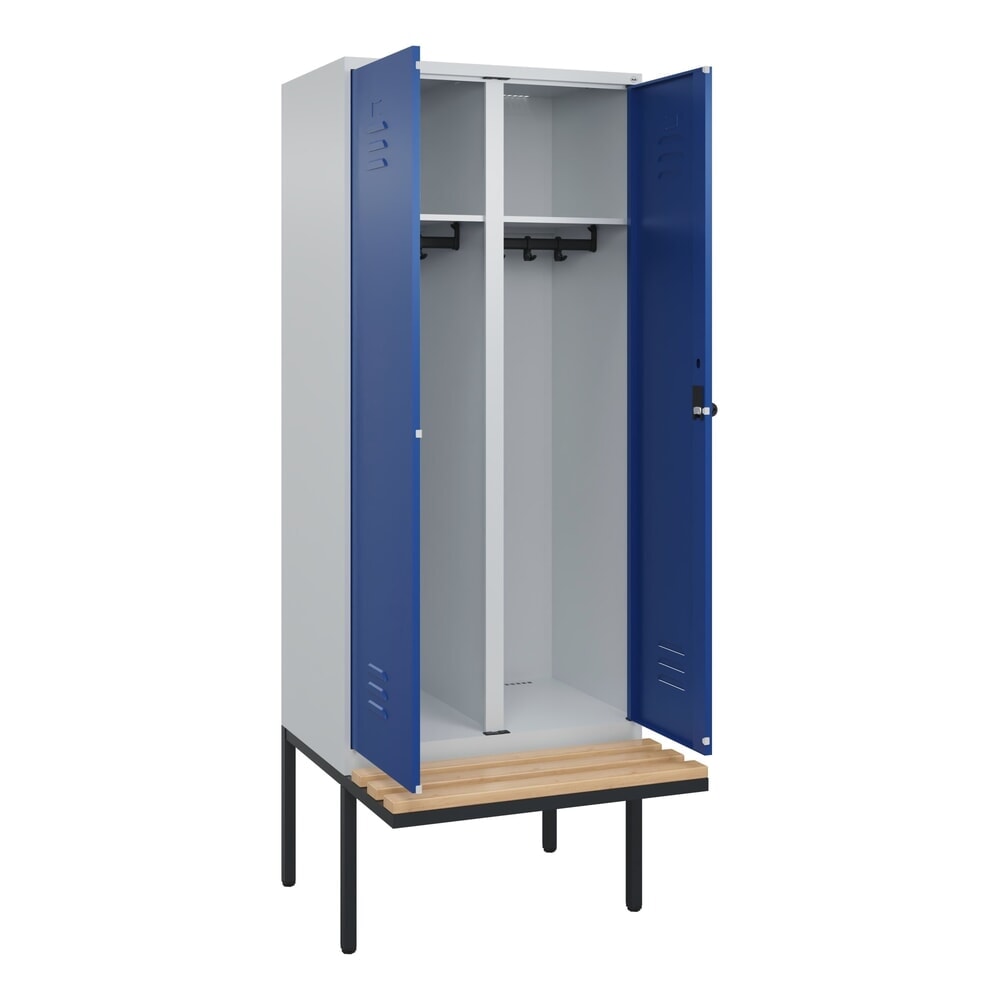 Produktabbildung: C+P Schwarz-Weiss-Spind Classic PLUS, 2 Abteile, HxBxT 2.120 x 800 x 815 mm, für Vorhängeschloss, auskragende Bank aus Buche, lichtgrau, enzianblau