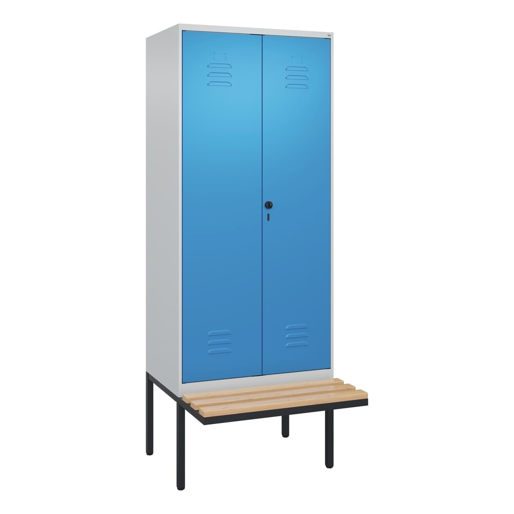 N° de l'image du produit 9 : C+P Schwarz-Weiß-Spind Classic PLUS, 2 Abteile, HxBxT 2.120 x 800 x 815 mm, für Vorhängeschloss, auskragende Bank aus Buche, lichtgrau, lichtblau