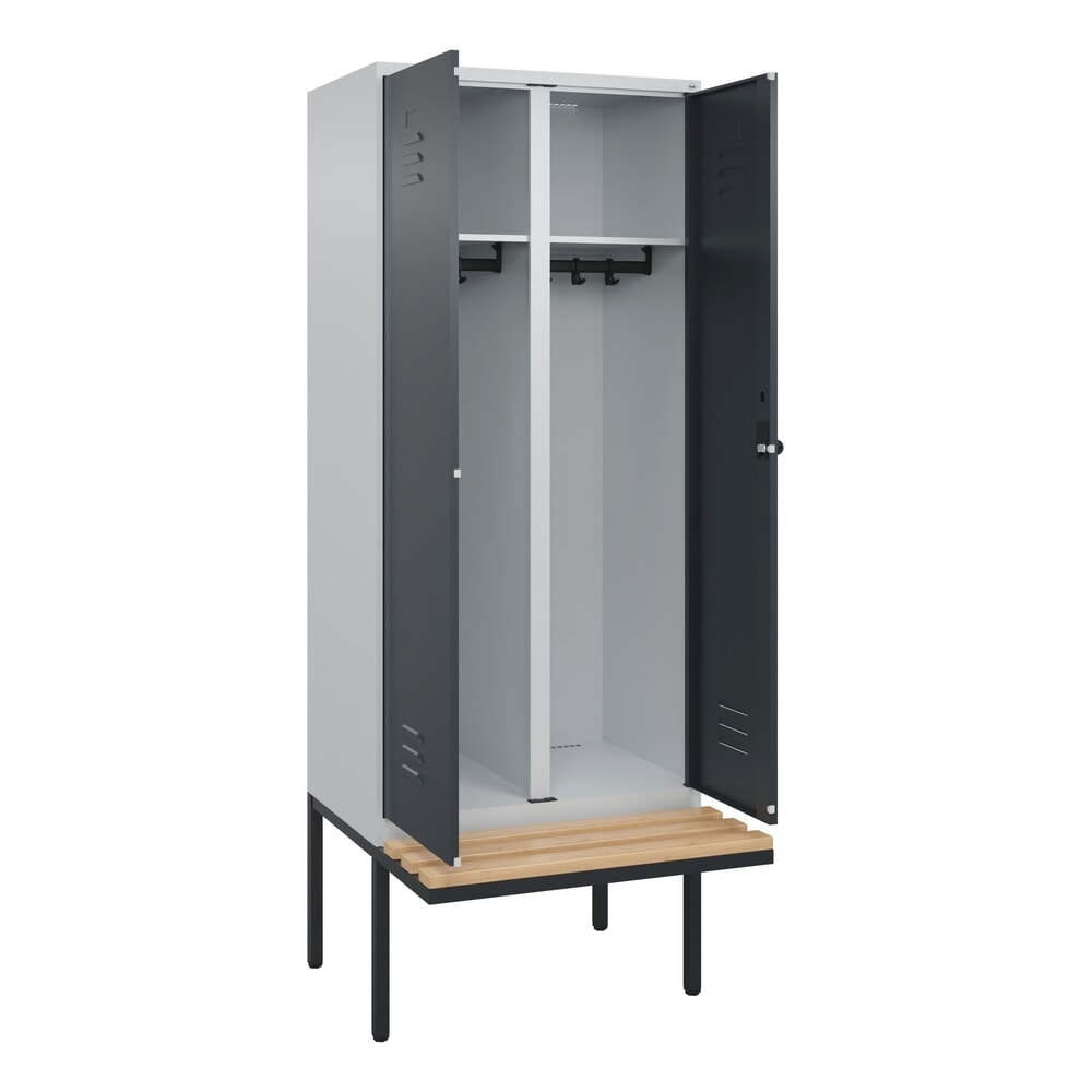 Produktabbildung: C+P Schwarz-Weiss-Spind Classic PLUS, 2 Abteile, HxBxT 2.120 x 800 x 815 mm, für Vorhängeschloss, auskragende Bank aus Buche, lichtgrau, anthrazitgrau