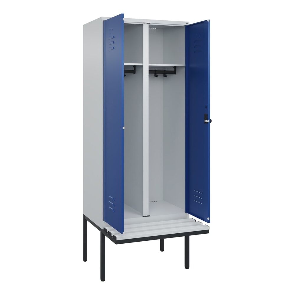 Illustration du produit: C+P Schwarz-Weiß-Spind Classic PLUS, 2 Abteile, HxBxT 2.120 x 800 x 815 mm, für Vorhängeschloss, auskragende Bank aus Kunststoff, lichtgrau, enzianblau