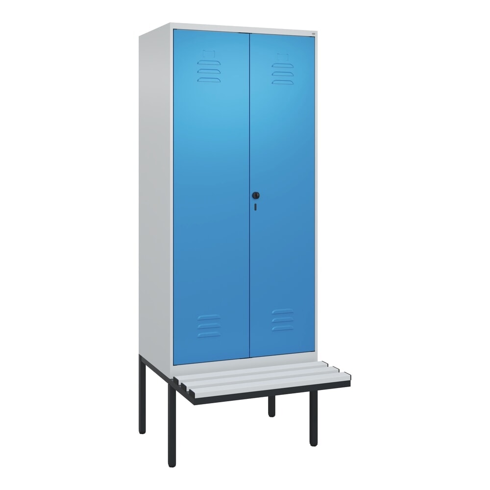 Produktabbildung Nr. 9: C+P Schwarz-Weiss-Spind Classic PLUS, 2 Abteile, HxBxT 2.120 x 800 x 815 mm, für Vorhängeschloss, auskragende Bank aus Kunststoff, lichtgrau, lichtblau
