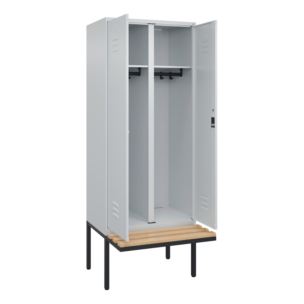 Produktabbildung: C+P Schwarz-Weiss-Spind Classic PLUS, 2 Abteile, HxBxT 2.120 x 800 x 815 mm, Zylinderschloss, auskragende Bank aus Buche, lichtgrau, lichtgrau