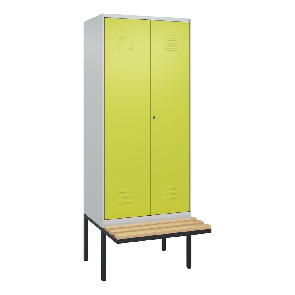 Produktabbildung Nr. 9: C+P Schwarz-Weiss-Spind Classic PLUS, 2 Abteile, HxBxT 2.120 x 800 x 815 mm, Zylinderschloss, auskragende Bank aus Buche, lichtgrau, clowngrün