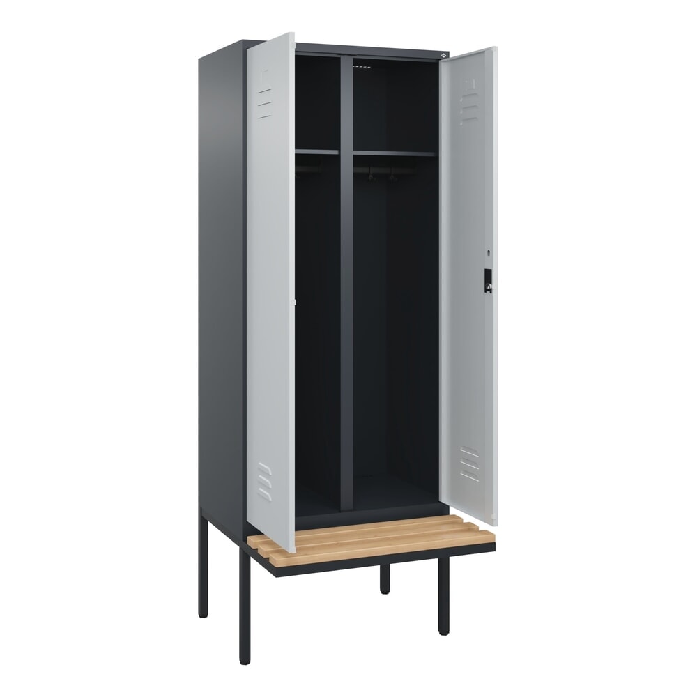 Produktabbildung: C+P Schwarz-Weiss-Spind Classic PLUS, 2 Abteile, HxBxT 2.120 x 800 x 815 mm, Zylinderschloss, auskragende Bank aus Buche, anthrazitgrau, lichtgrau