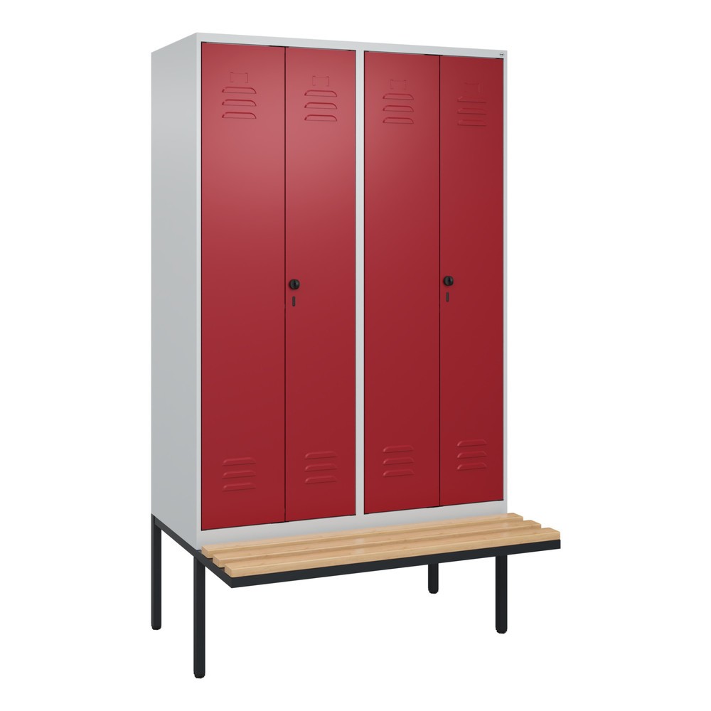Produktabbildung: C+P Schwarz-Weiss-Spind Classic PLUS, 4 Abteile, HxBxT 2.120 x 1.200 x 815 mm, für Vorhängeschloss, auskragende Bank aus Buche, lichtgrau, rubinrot