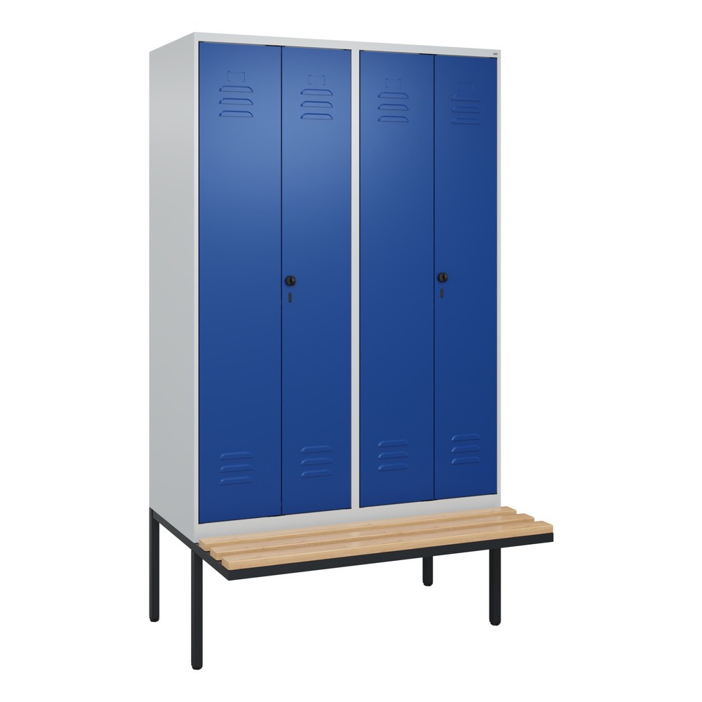 Illustration du produit: C+P Schwarz-Weiß-Spind Classic PLUS, 4 Abteile, HxBxT 2.120 x 1.200 x 815 mm, für Vorhängeschloss, auskragende Bank aus Buche, lichtgrau, enzianblau
